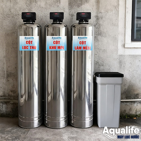 Hệ 3 cột lọc Inox 304 1465 xử lý cặn vôi công suất lớn