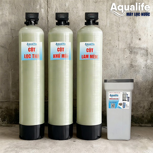 Hệ lọc nước đá vôi 3 trụ Composite 1465 tự động sục rửa